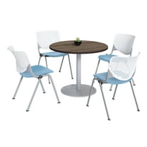 KFI Studios Mode Round 3.5' Dining Table Set, Studio Teak, 4 White & Sky Blue KOOL Chairs