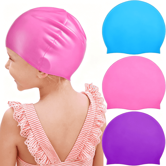 TELOLY 3 Pieces Kids Swim Caps for Girls Boys Age 4-16 Silicone Swimming Cap Long Hair Teens Youths with Long Curly Hair Braids Dreadlocks Large Waterproof Pool Swim Hat