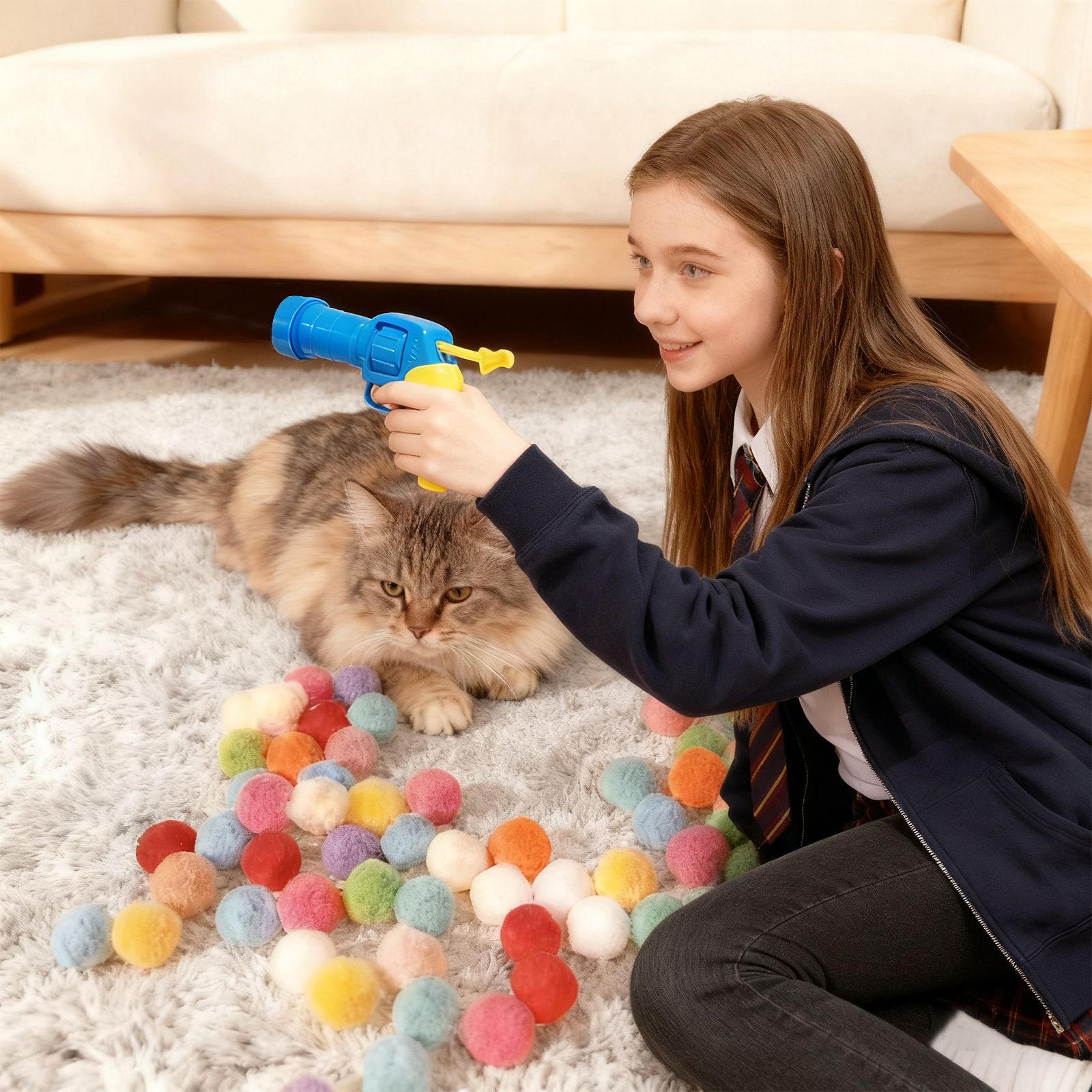 Cats Plush Ball Launcher Toy For Self-Entertainment & Interactive Play, Silent Pet-Safe Balls Gentle On Cats’ Gums And Home Furnishings, 1 Launcher Gun + 50 Plush Balls Included,