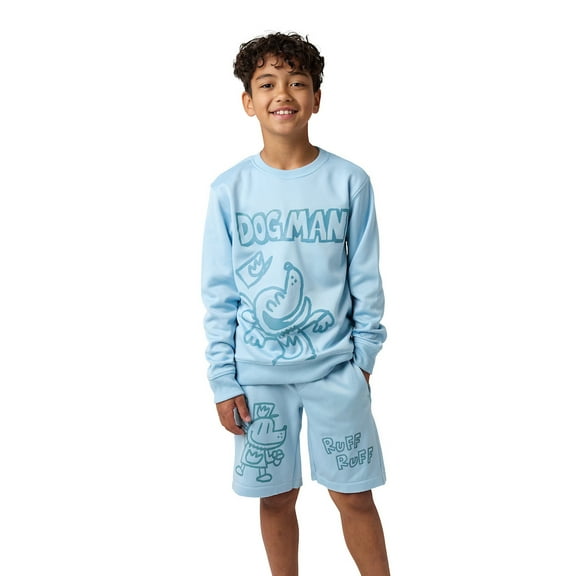 Dog Man Puff Ruff Boy's 2-Pack Crew Neck Long Sleeve Sweatshirt & Lounge Shorts Set 8 (M)
