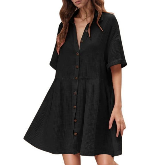 Dpytoraw Women's 2025 Solid Color And Linen Shirt Collar Short Sleeved Cardigan Button Dress Women’s Sustainable Organic Cotton Dresses