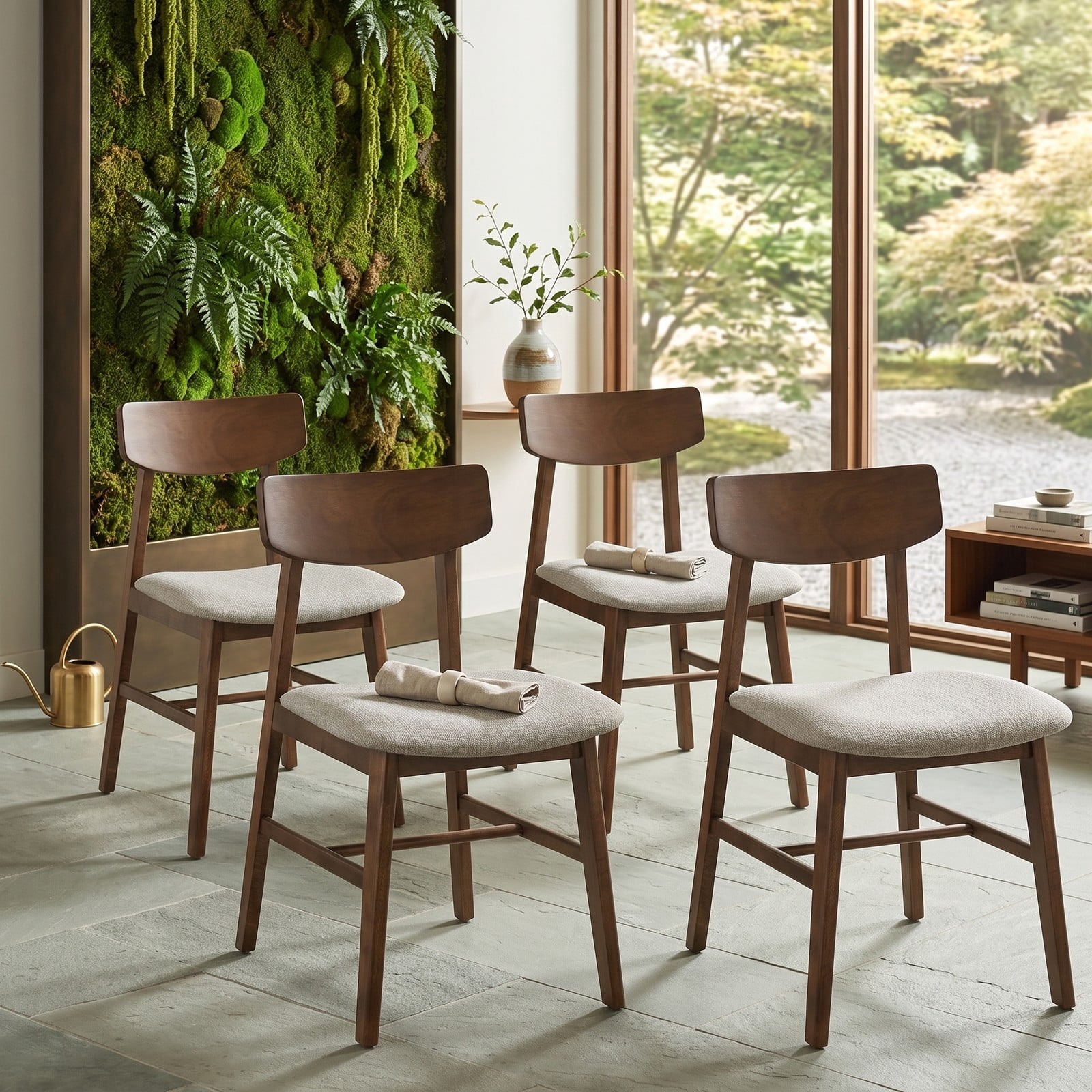 Furnibear Solid Rubber Wood Dining Chairs Set of 4, Mid-Century Modern Upholstered Kitchen Side Chairs with Curved Backrest, Linen Fabric Padded Seat, Walnut & Gray