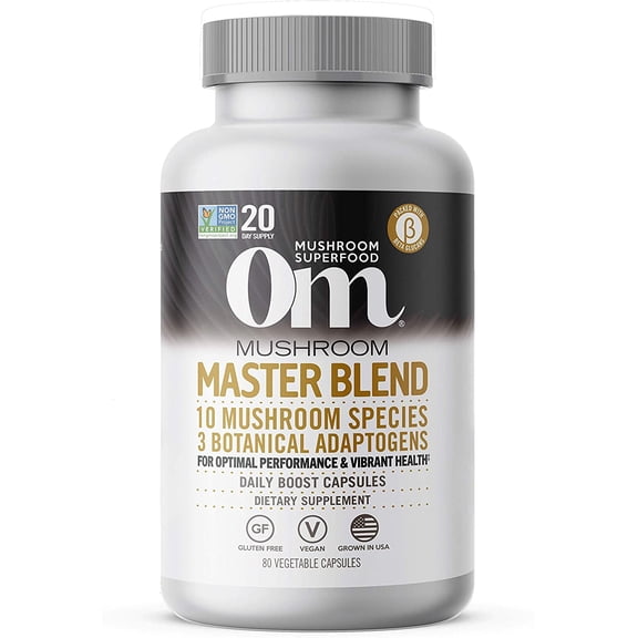 Om Mushroom Superfood Master Blend Mushroom Capsules Supplement, 80 Count, 20 Servings, 10 Mushroom Complex, Lions Mane, Chaga, Cordyceps, Reishi Extract Adaptogens for Vibrant Health, Immune Support