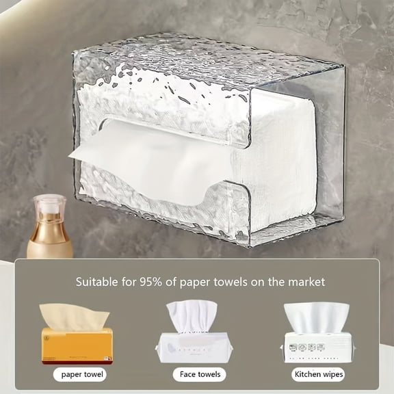 1pc Luxury Glacier Pattern Tissue Box Holder, 100% Plastic Wall-Mounted No-Drill Storage Organizer for Kitchen & Bathroom, Seamless Upside-Down Design, Suitable for 95% of Paper Towels on the Market