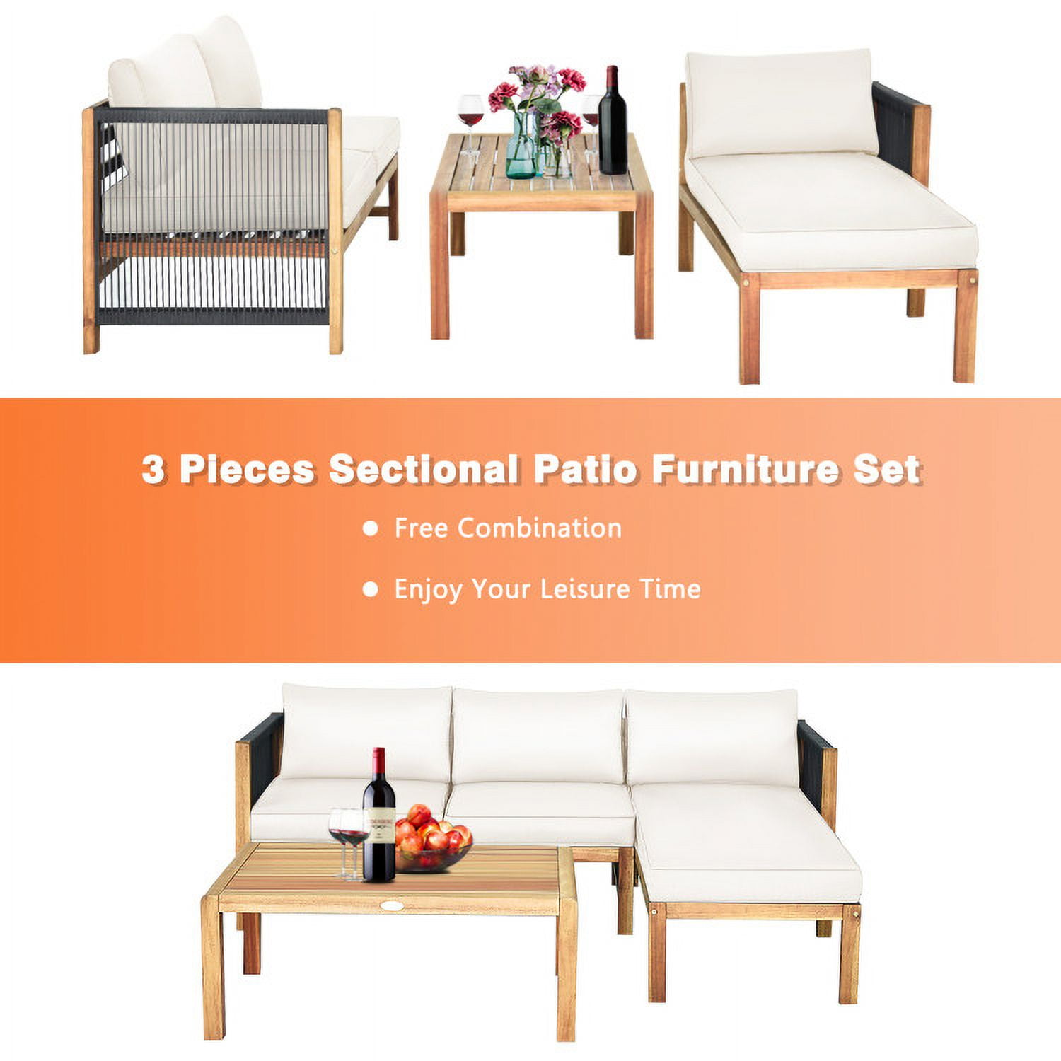Aimee Lii 3 Piece Patio Acacia Sofa Set with Nylon Armrest, Outdoor Deck Furniture, White Aimee Lii 3 Piece Patio Acacia Sofa Set with Nylon Armrest, Outdoor Deck Furniture, White