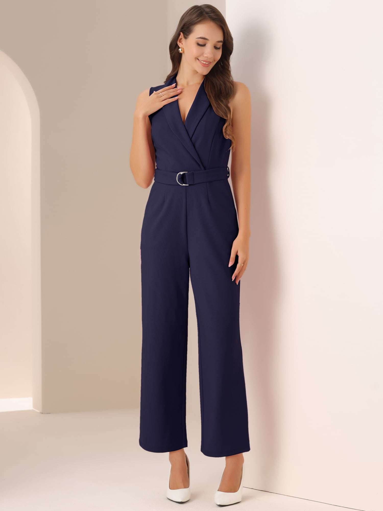 DARING DIVA Women's Casual Sleeveless Shawl Collar Office Jumpsuit L Navy Blue