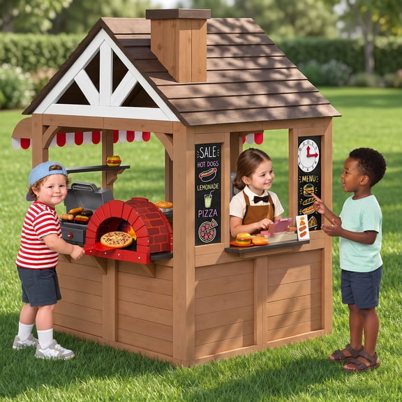 Auarte Outdoor Playhouse for Kids Ages 3 , Wooden Play House with BBQ Grill, Pizza Oven, Pretend Food, Cash Register, Doorbell, Toy Phone, Blackboards