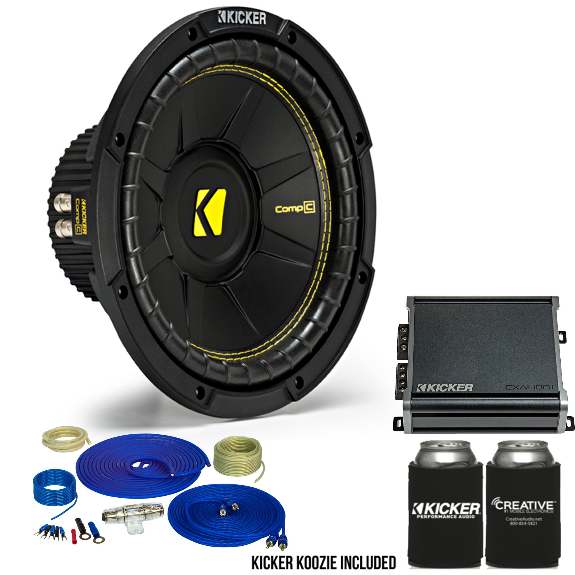 Kicker 10 Inch Bass Bundle A 44CWCD104 Subwoofer with CXA4001 and amp wire kit