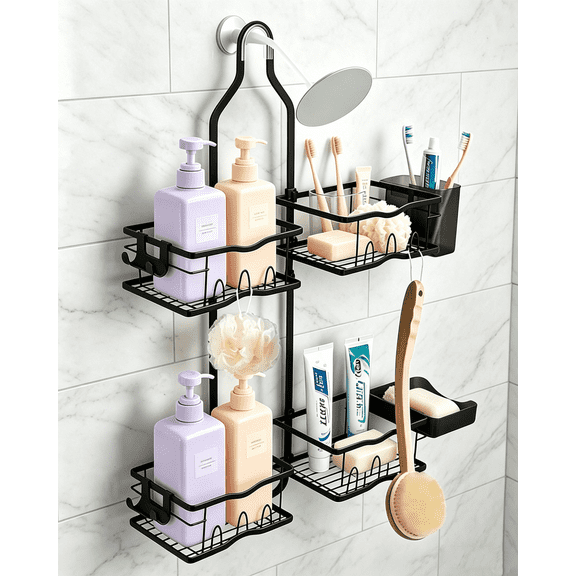 QIYFDDF Hanging Shower Caddy,Hanging Rustproof Shower Caddy, Anti-Swing with Hooks & Holders, Black