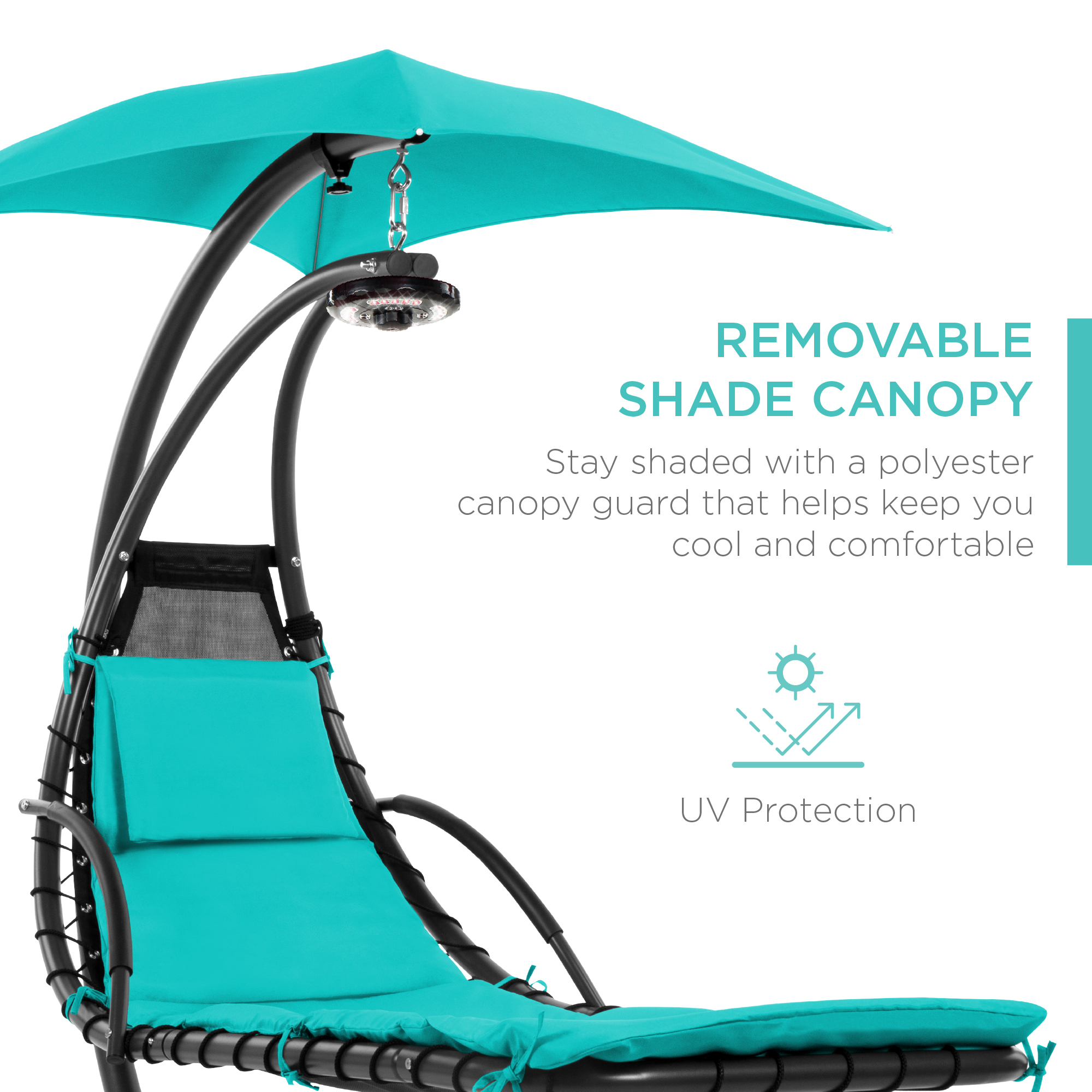 Best Choice Products Hanging LED-Lit Curved Chaise Lounge Chair for Backyard, Patio w/ Pillow, Canopy, Stand - Teal - image 4 of 7