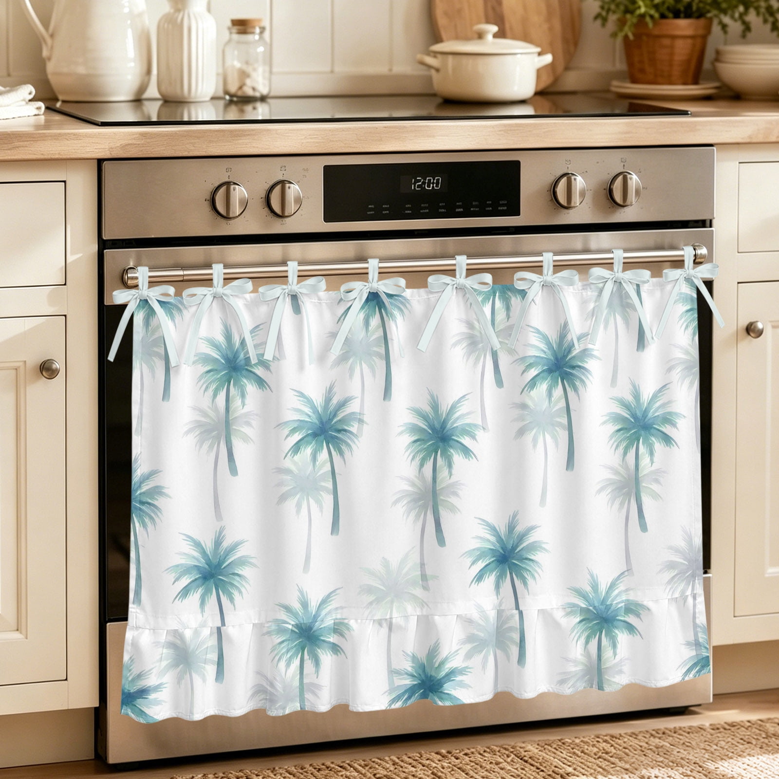 Oven Skirt Curtain for Kitchen 21.5x30 Inch Turquoise Palm Tree Oven Curtain with 8 Ribbon Ties & Ruffle Trim Stove Skirt Curtain Dishwasher for Cabinets Over Sinks Summer Tropical Modern Art