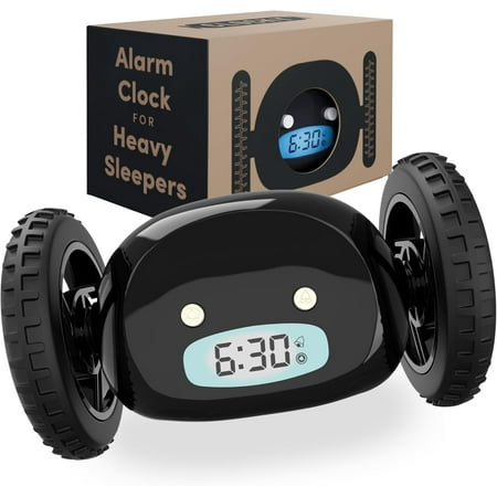 GGSW Extra Loud Alarm Clock for Heavy Sleepers on Wheels Rolls Runaway Vibrating Easy To Set Super Smart Snooze Digital Bed Shaker Alarm Clock Funny Gift for Adults Kids Teens Bedroom (Black Wheels)