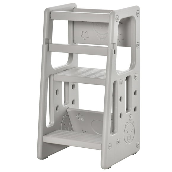 Qaba Toddler Kitchen Helper 2 Step Stool with Adjustable Height Platform and Safety Rail, Grey
