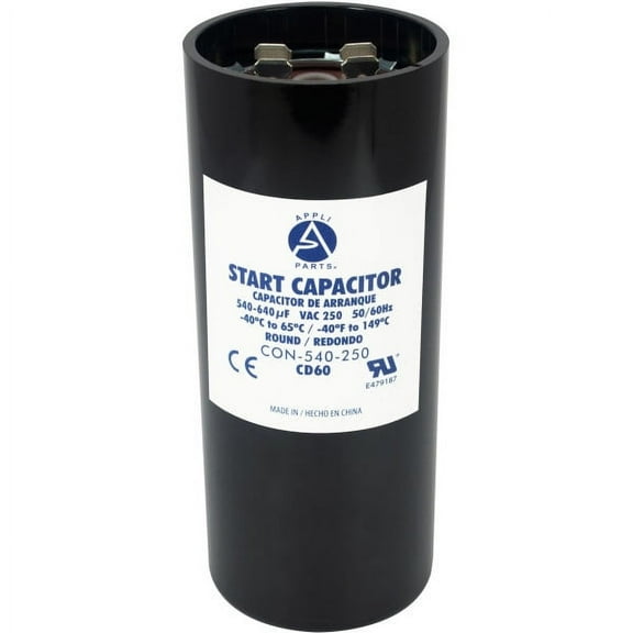 Appli Parts motor start capacitor 540-640 Mfd (microfarads) uF 250 VAC universal fit for electric motor applications 1-3/4 in Diameter 4-3/8 in Height CON-540-250