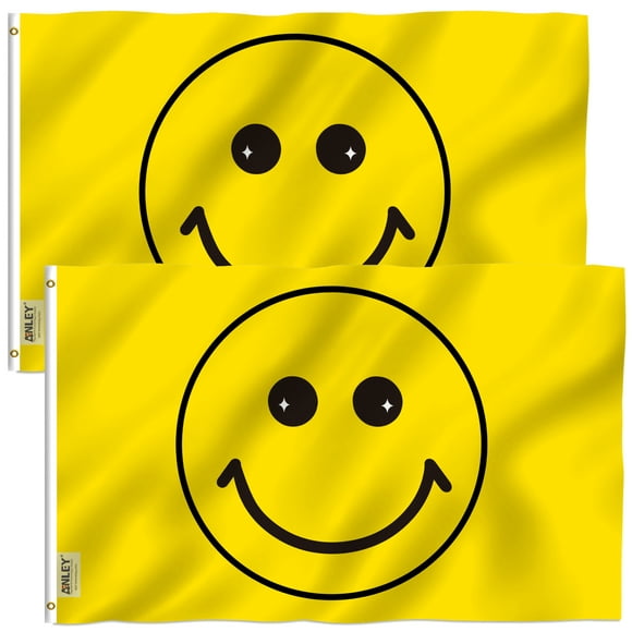 Anley Pack de 2 Mouche Brise 3x5 Pied Jaune Happy Face Drapeau - Happy Face Drapeaux Polyester avec Oeillets en Laiton