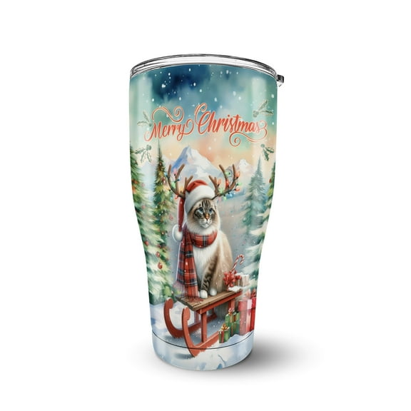 Merry Christmas Santa Reindeer Antlers Ragdoll Sleigh Xmas Winter Holiday 30oz Stainless Steel Tumbler Insulated Cup with Lid Cat Lover Kitten Owner Gifts Idea - 00023