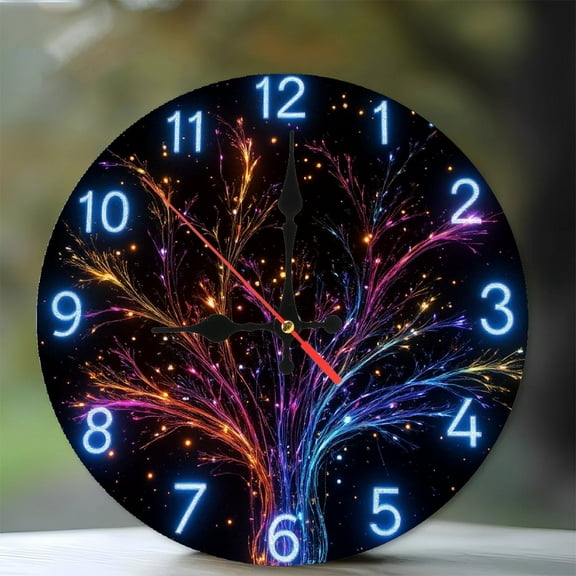 Colorful Neon Tree Clock with Glowing Effects 10-Inch Silent Wooden Wall Clock, Battery Operated (AA Batteries Not Included), Artistic Home Decor