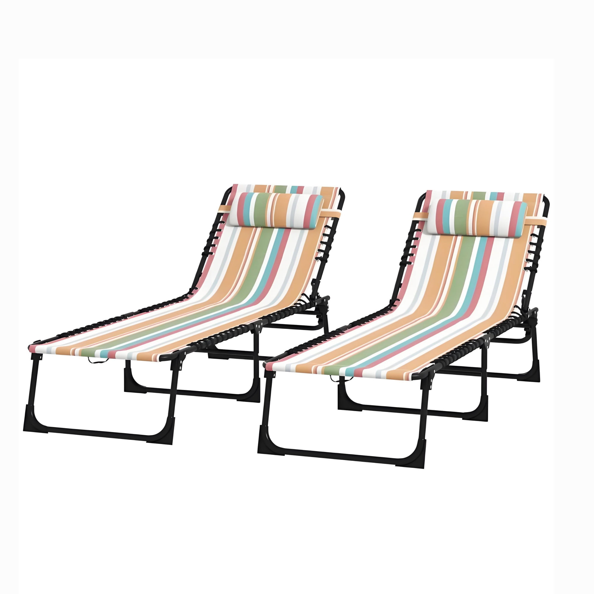 2 Folding Outdoor Lounge Chairs, for Beach Camping Use, Pillow, Mesh & Bungee Seat, Striped