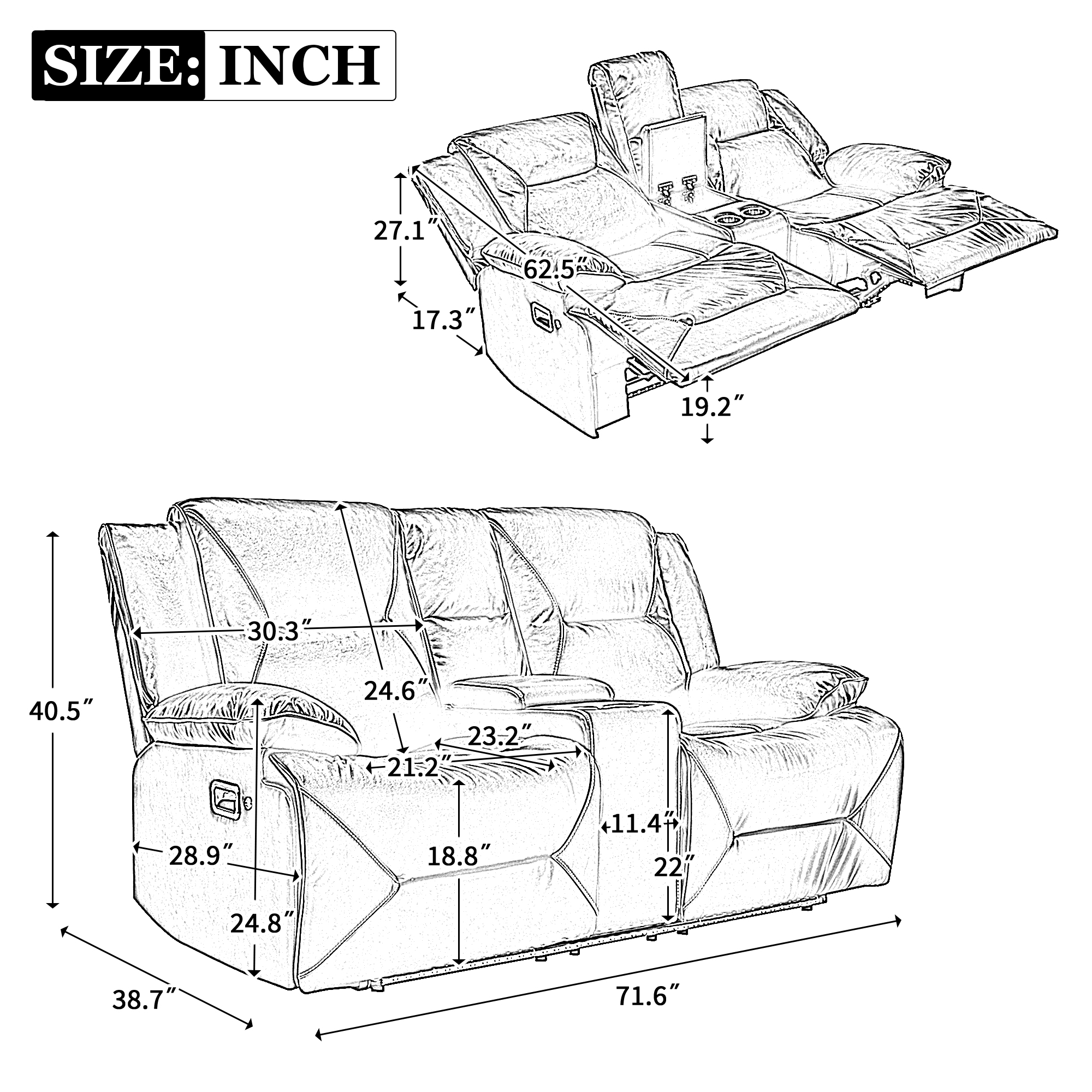 Euroco 2 Seater Home Theater Recliner Manual Recliner Chair with a LED Light Strip Two Cup Holders and a Storage Box for Living Room,Bedroom, Black