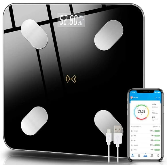 Body fat scales, scales with body fat, digital bathroom scales, smart body scales with APP for weight body fat fitness monitor, for iOS & Android, rechargeable by USB cable, up to 180kg 400lb