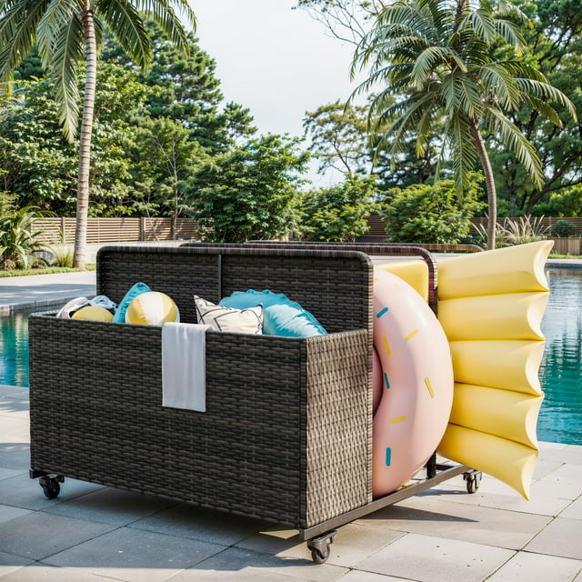 Pool Float Storage Organizer with Rolling Wheels, Outdoor Wicker Rattan Pool Caddy & Toy Storage Basket for Poolside, Patio & Deck, All-Weather PE Rattan Pool Caddy, 2 Open Compartments, Brown