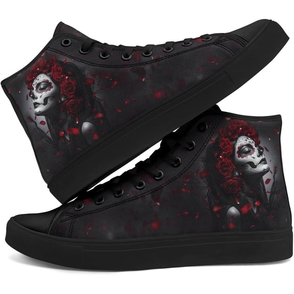 Coolcustomize Artistic Day of The Dead High-Top Canvas Sneakers, Colorful Skull & Floral Casual Walking Streetwear Skate Travel Shoes
