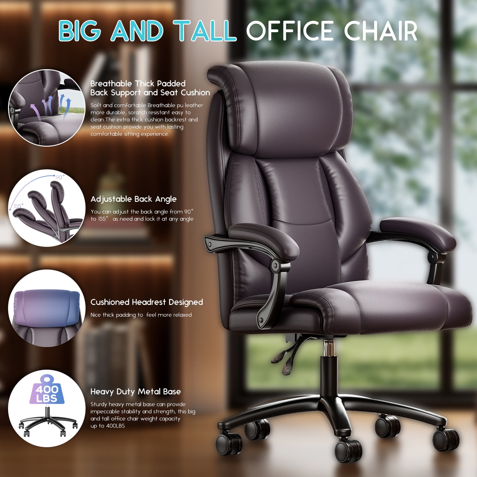 Ninecer Reclining Office Chair, Comfortable and Heavy Duty Executive Office Desk Chair, Brown (Set of 1)