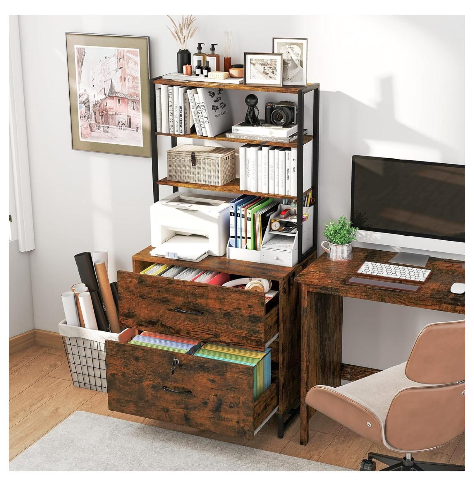 File Cabinet, 2 Drawer File Cabinet with Open Shelves & Anti-toppling Device, Industrial Lateral File Cabinet with Lock for Letter Size File Folders, Rustic Large Printer Stand, Rustic Brown