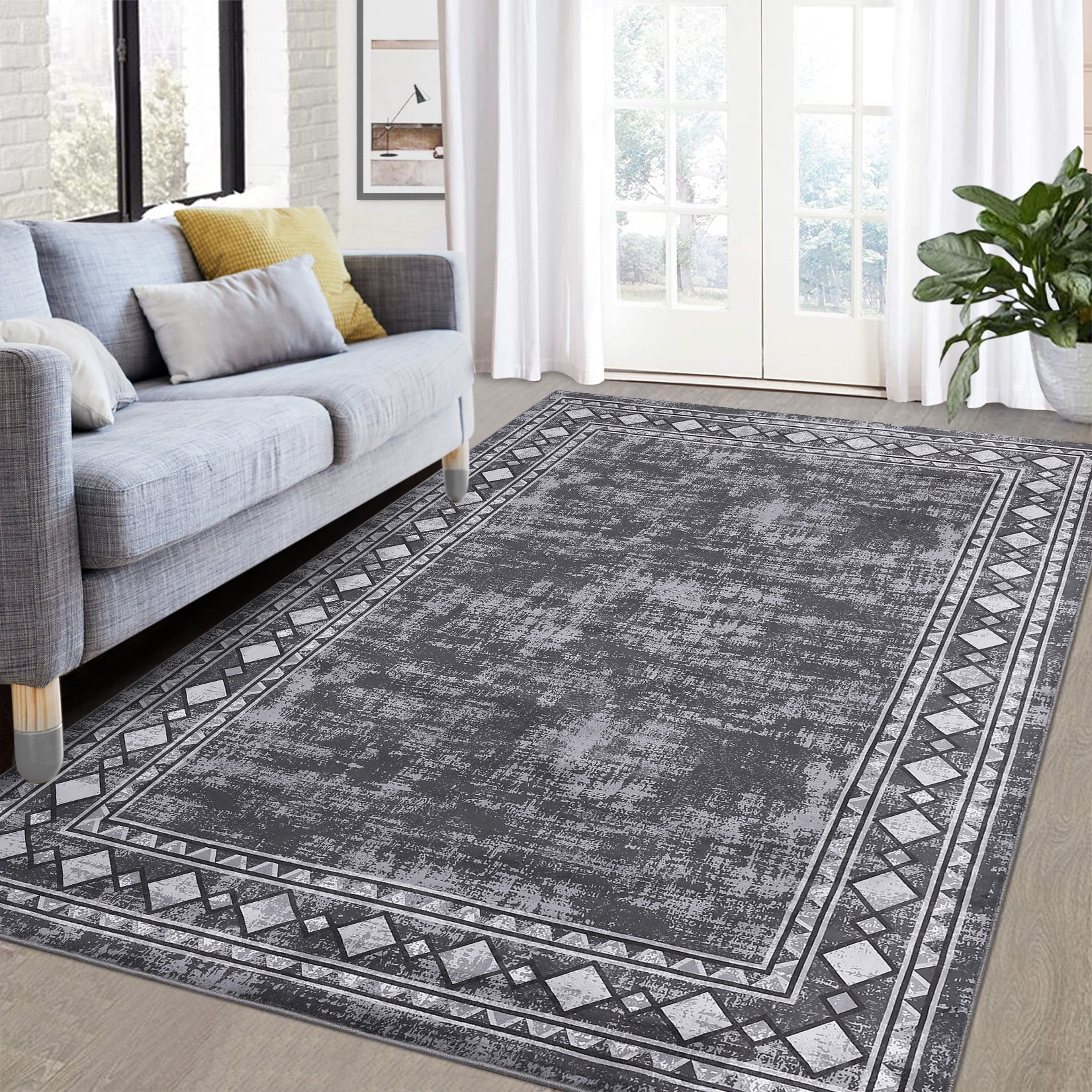 Garvee 5'x7' Geometric Bordered Area Rugs Contemporary Rugs for Living Room, Non-Slip Washable Rugs Soft Throw Rugs Low-Pile Stain Resistant Carpet for Bedroom Dining Room Farmhouse, Gray