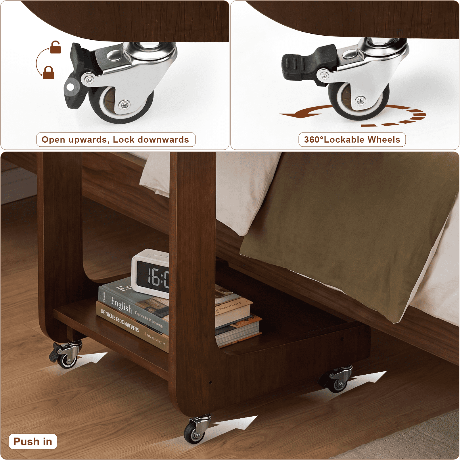 Leumius C Shaped End Table,Wood Rolling Side Table with 360° Adjustable & Foldable Desktop, Couch Table for Living Room, Bedroom, Office, Walnut
