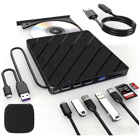 Laptop DVD Player USB C 3.0 Portable CD/DVD Burner with SD/TF Card Slot & 4 USB Ports Compatible with Mac, Windows, Linux, 8-in-1 Hub, 5Gbps High-Speed Transfers (1pc)