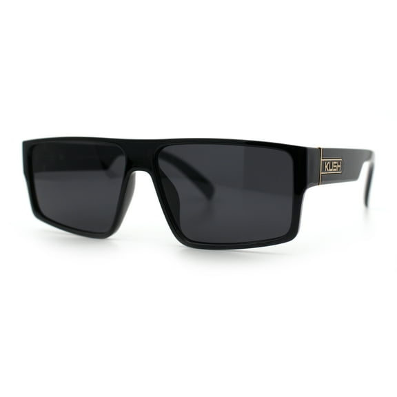 Kush Mens Bold Angle Flat Top Square Rectangle All Black Plastic Sunglasses Gold Logo