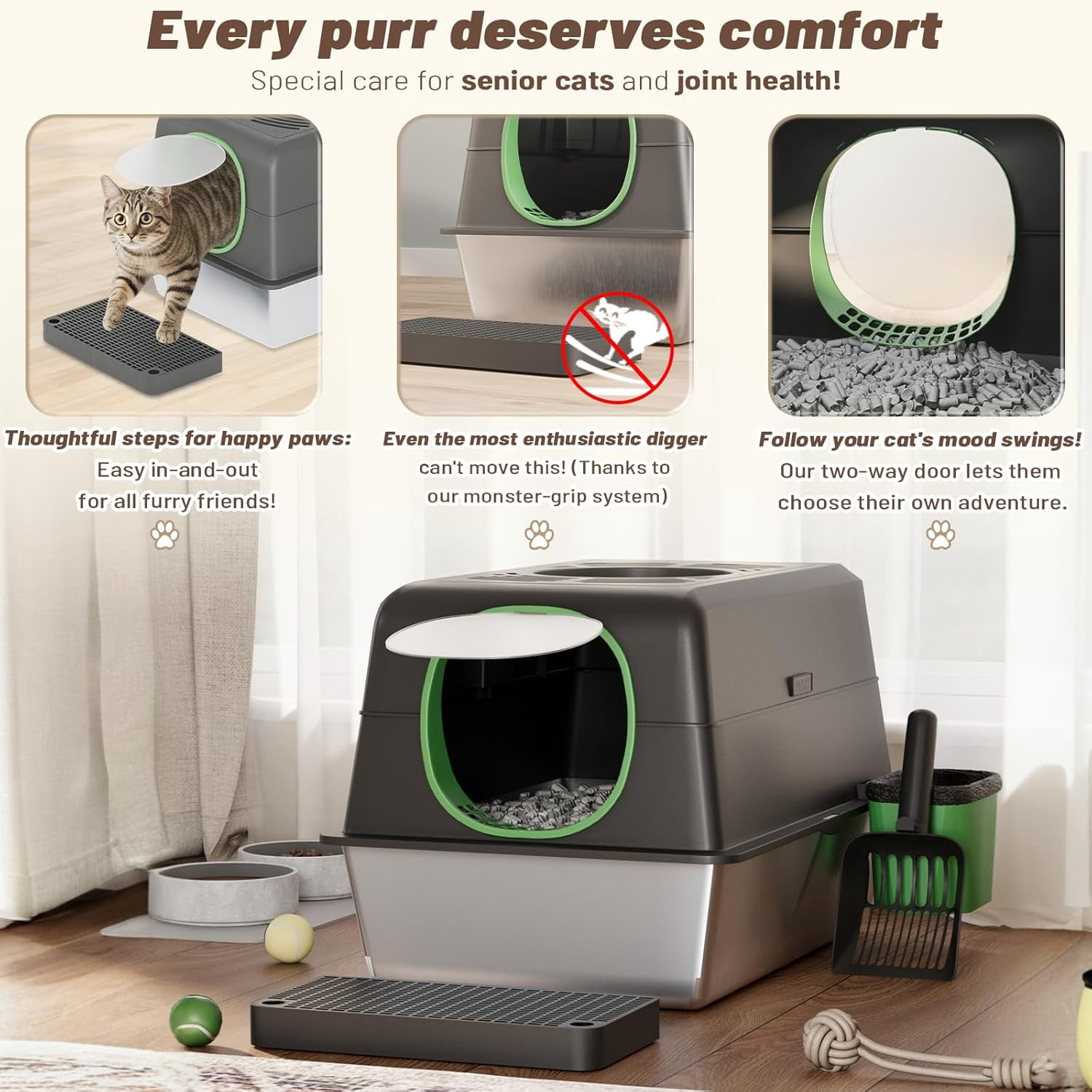 YODOLLA Extra Large Enclosed Stainless Steel Cat Litter Box with Lid, Front Dual-Door and Top Exit Metal Kitty Pan Box for Big Cats, w/ Poop Scoop,Box Step, Waste Bin & Trash Bags in Black
