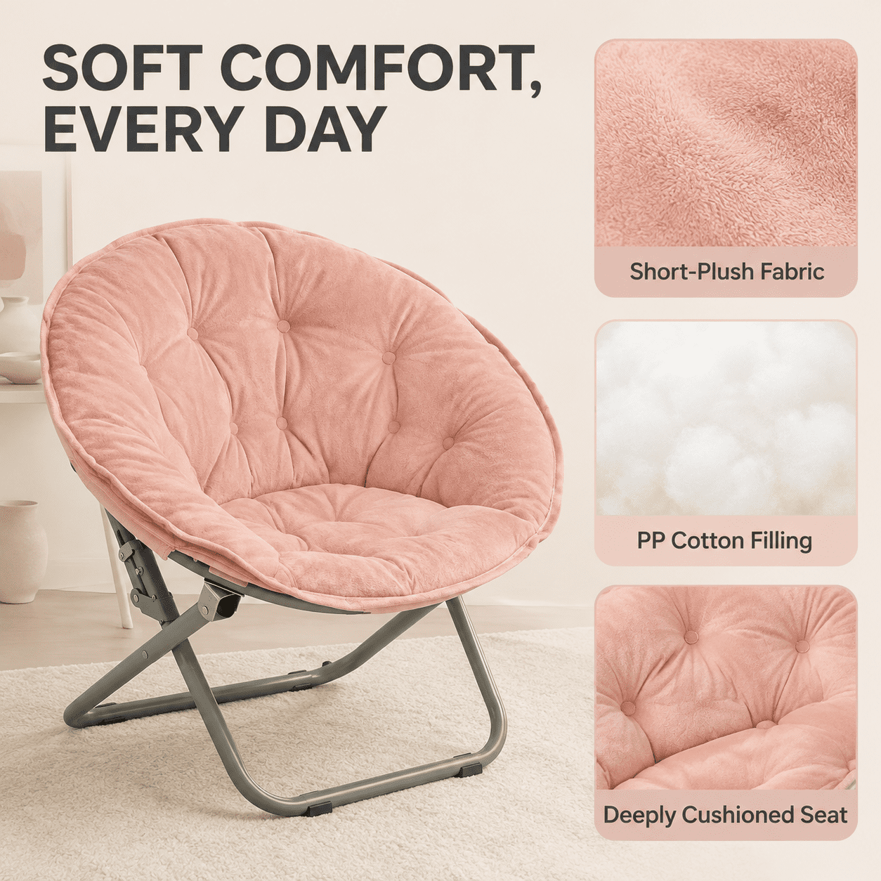 CLOUDREST PRO Soft Plush Folding Saucer Chair for Adults, Padded Round Lounge Seat, Metal Frame, 300 lb Capacity, Pink