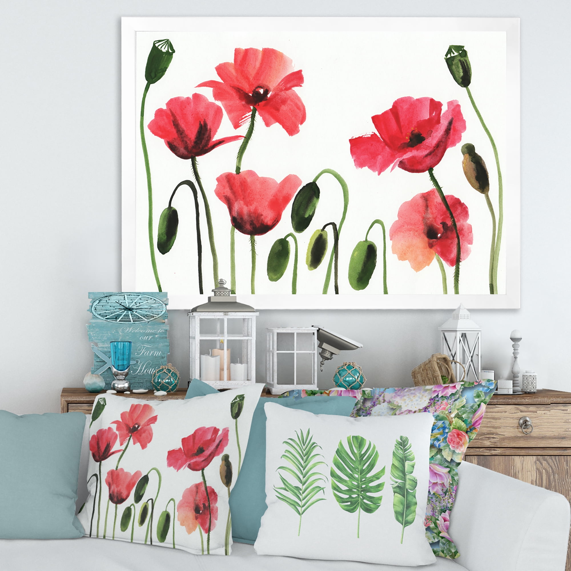 Designart 'Ancient Red Blooming Poppies' Traditional Framed Art Print
