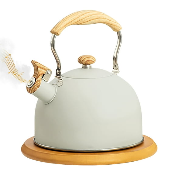 2.5L Whistling Tea Kettle Tea Pots Stainless Steel Kettle with Wood Pattern Folding Handle Whistle Kettle for Tea Coffee (Beige)