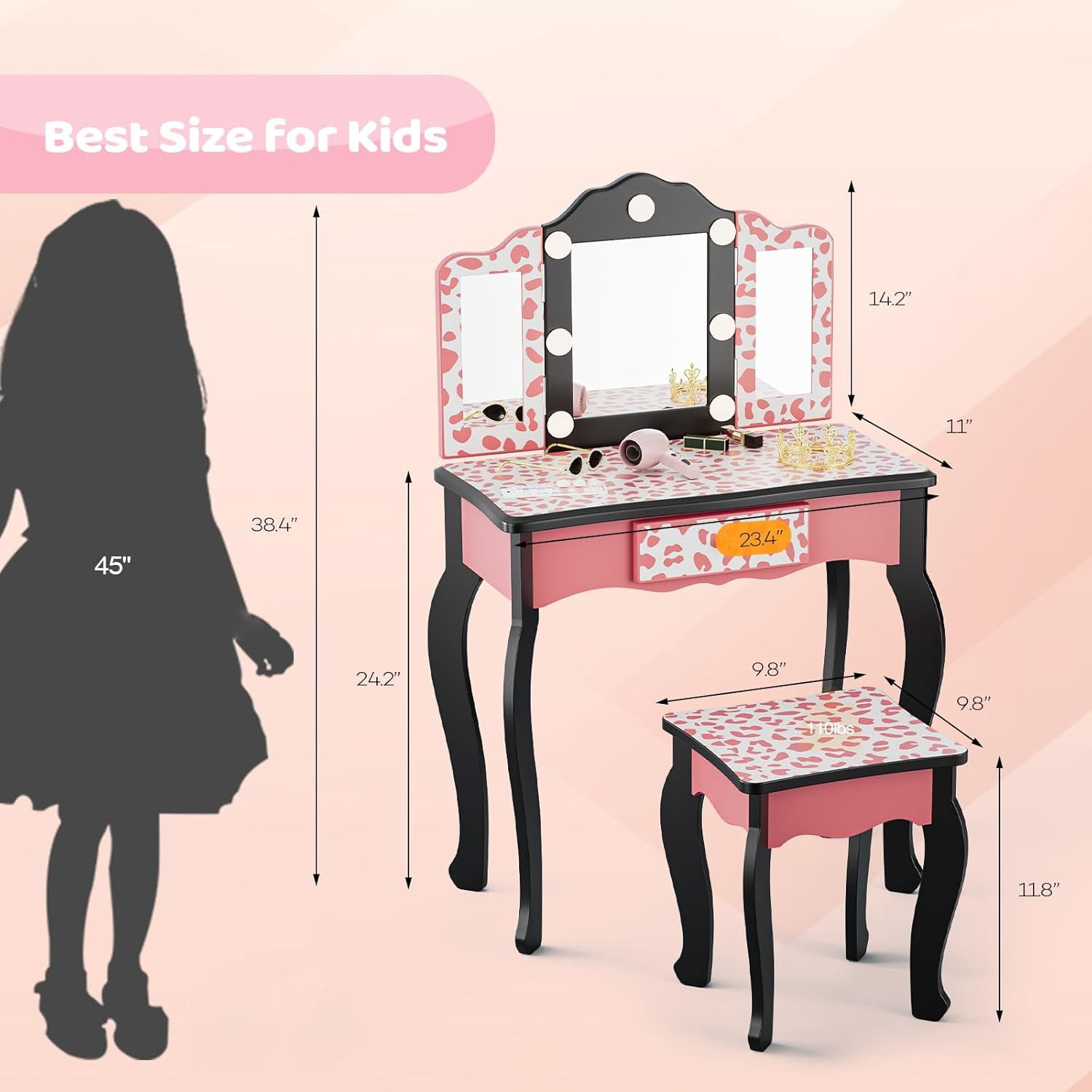 Matladin Kids Vanity Table and Chair Set with Leopard Print, Tri-Fold Mirror & Lights, Girls Vanity, Princess Makeup Desk for Girls