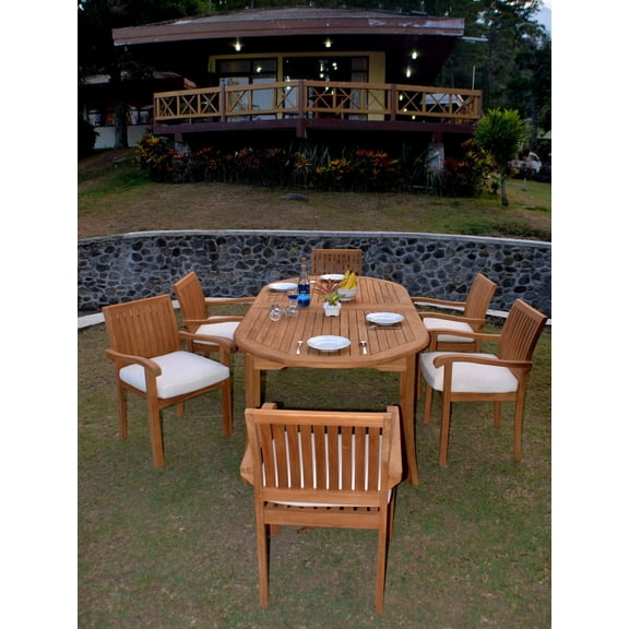 Teak Dining Set:6 Seater 7 Pc - Large 118" Oval Table And 6 Napa Stacking Arm Chairs Outdoor Patio Grade-A Teak Wood WholesaleTeak #WMDSNPo