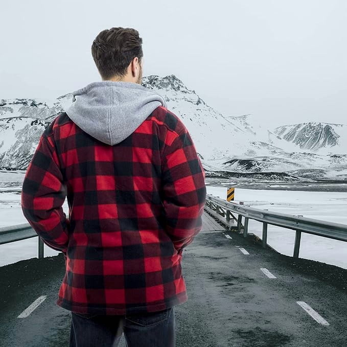 TrailCrest Men's Warm Sherpa Lined Hoodie Fleece Shirt Jacket, Classic Zip Up Buffalo Plaid, Red Plaid, Large
