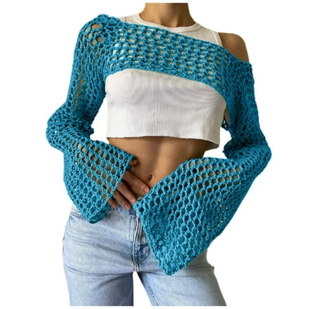 Mzoazpie  Seductive Round Neck Solid Beach Cover Ups for Women Cute Color Hollow Out Knit Bathing Suit Cover Up Pants Sweater Long Sleeve Cover Womens Swim Cover Up Up Top for Women  2025