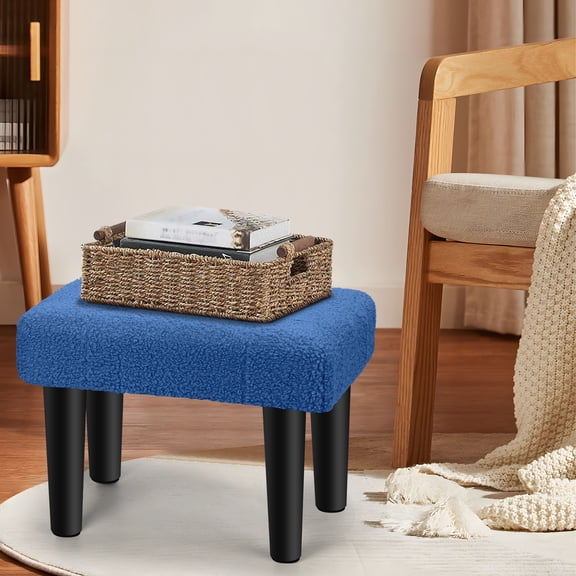 Blue Teddy Velvet Ottoman Foot Rest, 11" x 5.5" Small Footstool with Sturdy Black Legs, Non‑Slip Design for Living Room, Bedroom, Entryway