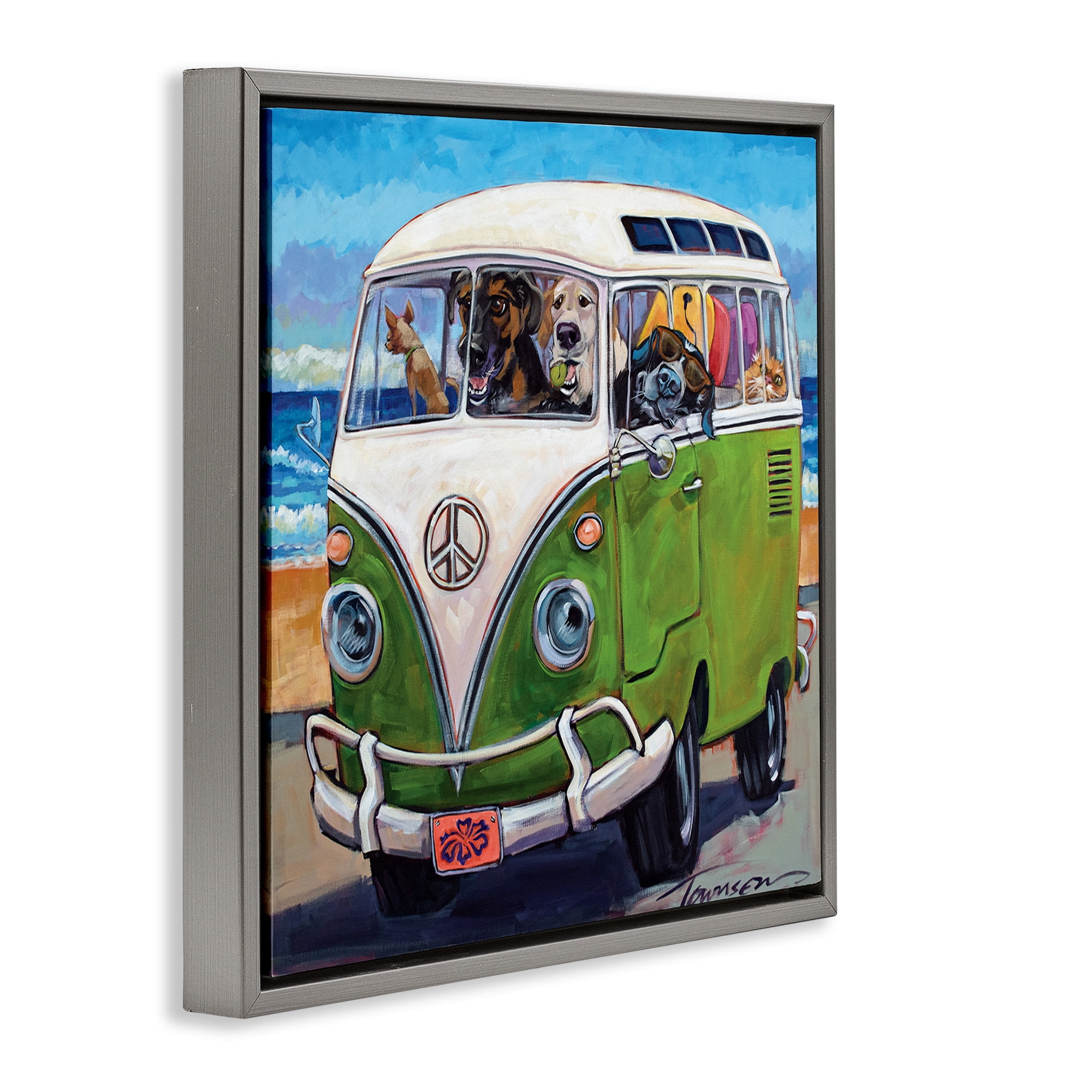 Stupell Industries Dogs Driving Retro Van Animals & Insects Painting Gray Floater Framed Canvas Art Print Wall Art, 25 x 25