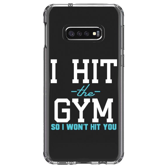DistinctInk Clear Shockproof Hybrid Case for Samsung Galaxy S10e (5.8" Screen) - TPU Bumper Acrylic Back Tempered Glass Screen Protector - I Hit the Gym So I Won't Hit You