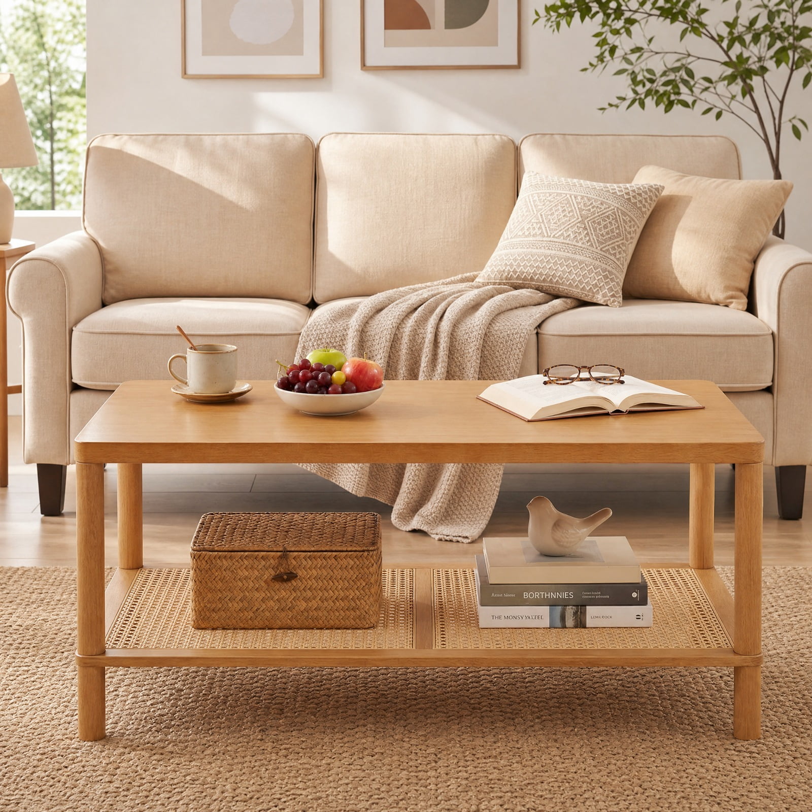 Furnibear 2 Tier Boho Rectangular Coffee Table with Rubber Wood Frame and Faux Rattan Open Storage Shelf for Living Room Home Office, Rustic Brown