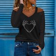 thumbnail image 2 of Womens Casual Rhinestone Cold Shoulder Tshirts V Neck Mesh Long Sleeve Tunic Tees Tops Fall Loose Comfy Blouses Pullover, 2 of 5