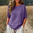 thumbnail image 2 of Oversized Tshirts for Women Linen Plus Size Summer Gauzy Shirts 3/4 Sleeve Round Neck Blouses Casual Loose Clothes Purple Summer Tops for Women, 2 of 9
