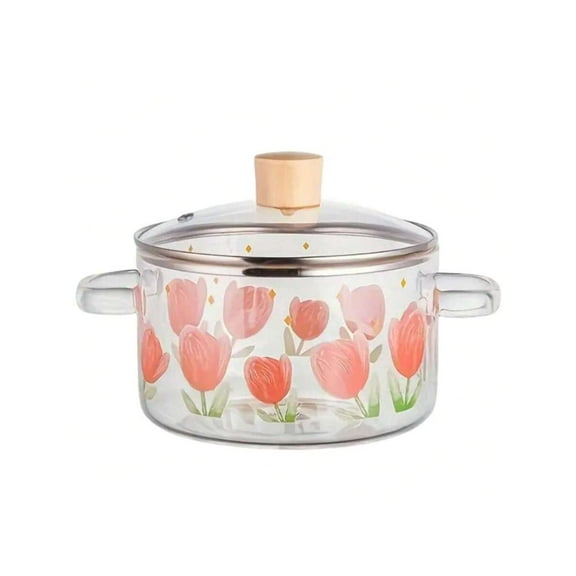 Tulip Glass Cooking Pot 58oz Heat-Resistant Borosilicate Glass Stovetop Safe Saucepan with Lid Floral Decal Clear Stew Pot for Pasta Soup and Salad 1700ml Kitchen Cookware Pink