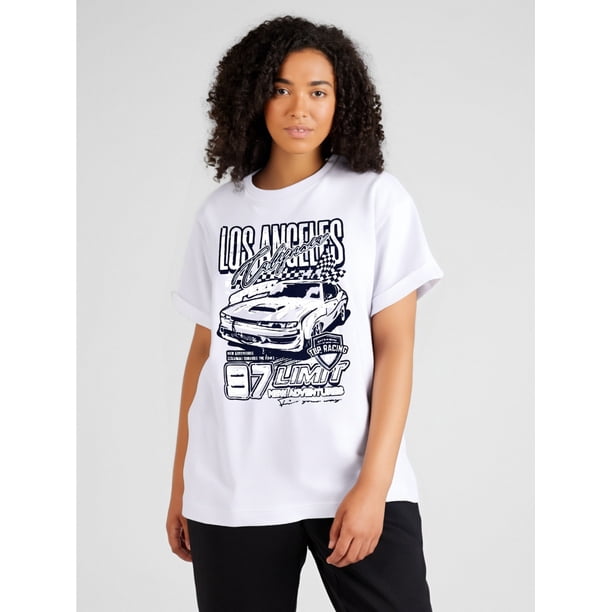 Camiseta con gráfico de coche de carreras vintage, de algodón, cuello redondo, estampado geométrico, manga corta, para verano y tiempo libre.