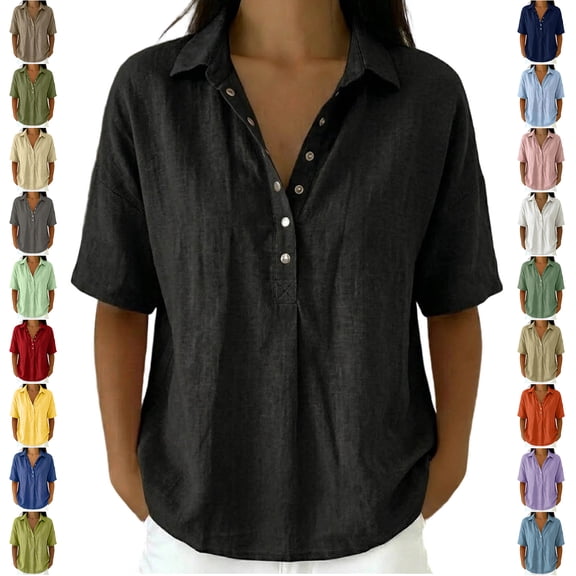 TGSLY Women's Linen Snap Button Tops Lightweight Soft Half Button Placket Collared Short Sleeve Shirts Loose Fit Dressy Casual Solid Color Blouses XL