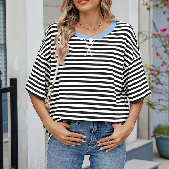 BVOFAR Womens Oversized Striped T-Shirts Summer Casual Color Block Shirts Trendy Half Sleeve Crew Neck Tunic Tops 2025